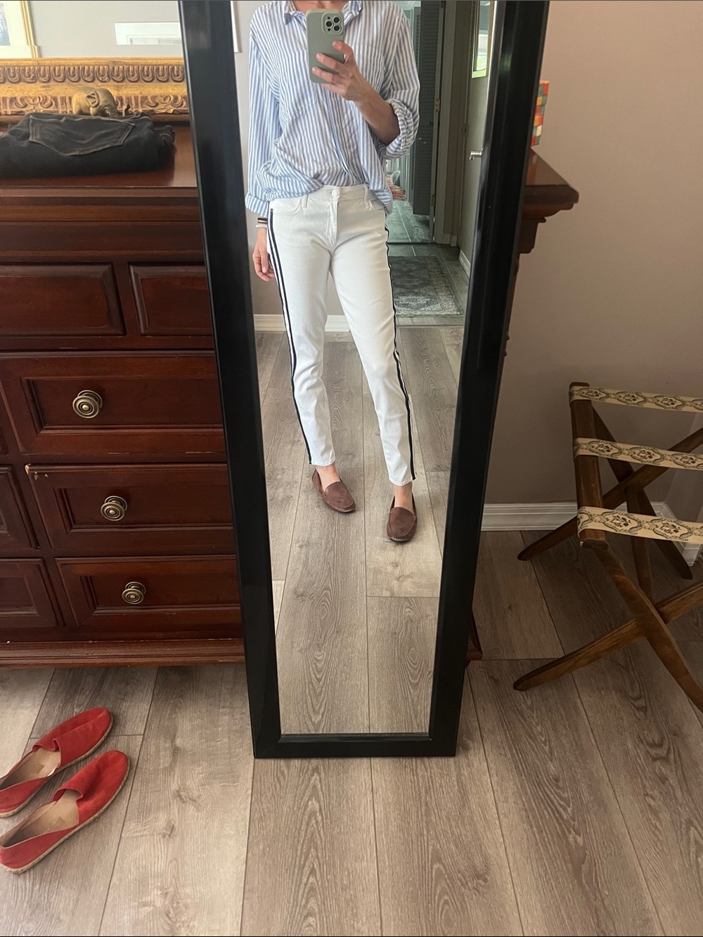 MOTHER White Skinny Jeans with Blue Stripes